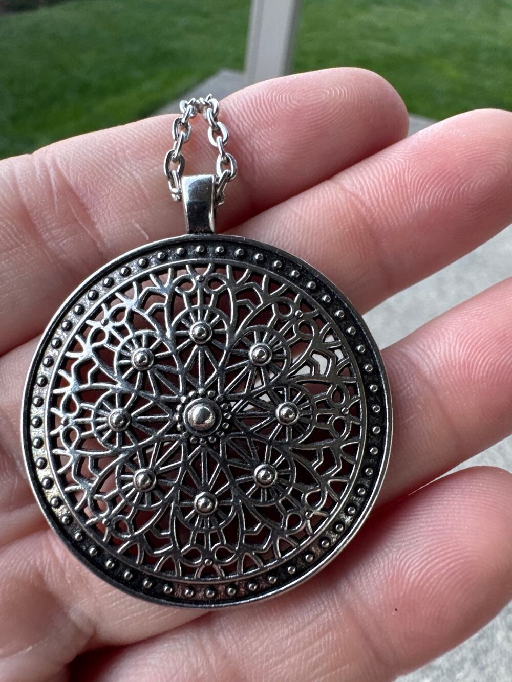 Silver Tone Filigree Medallion Necklace Blue Beads Round Pendant Boho Bohemian